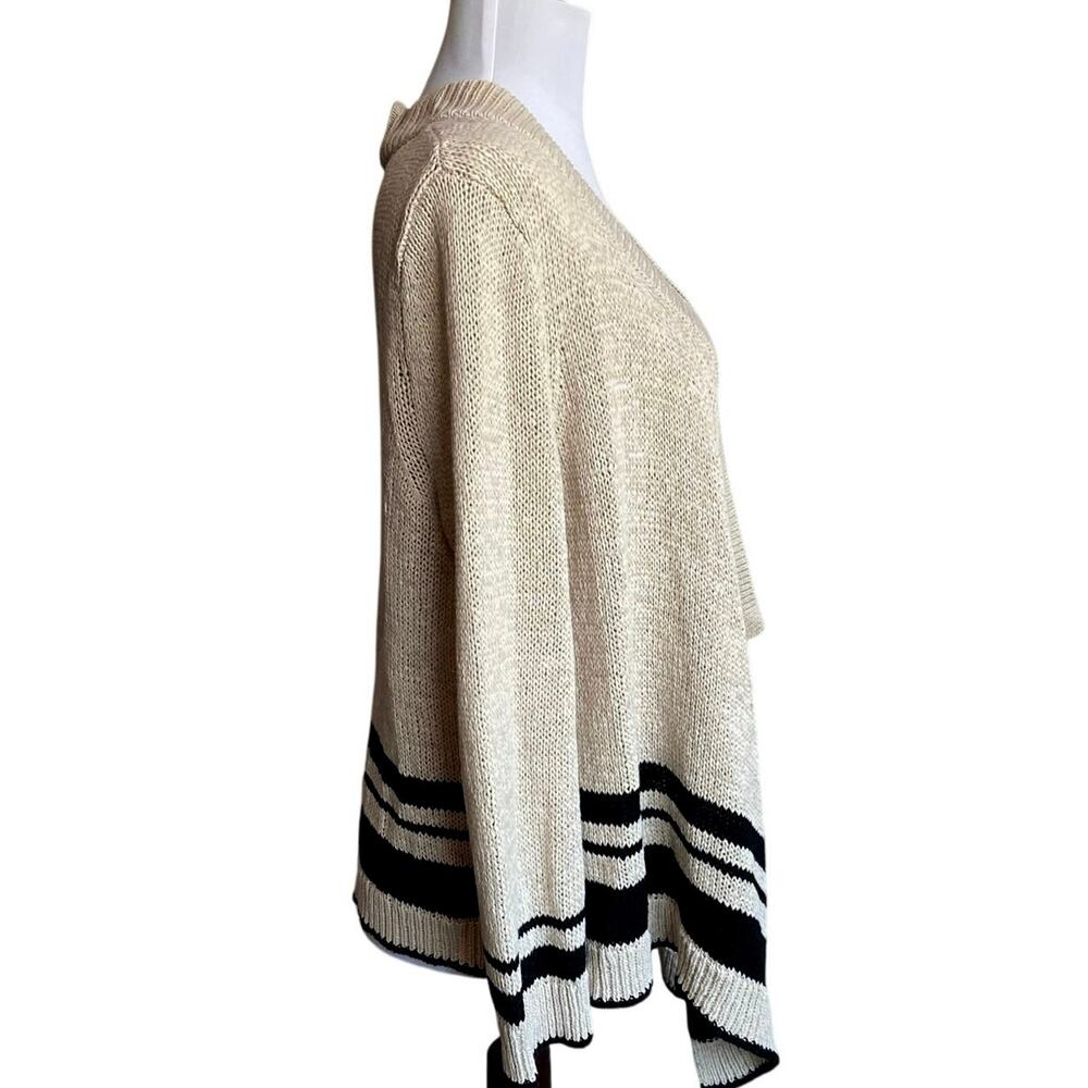 LOFT ANN TAYLOR Linen Blend Loose Knit Striped Open Cardigan Sweater L Tan Black - Picture 2 of 8